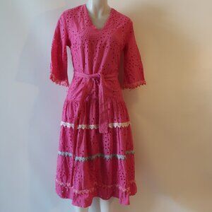 NWT Womens Regina Fuchsia Pink White Vint Fuxia Eyelet A-Line Midi Dress S *